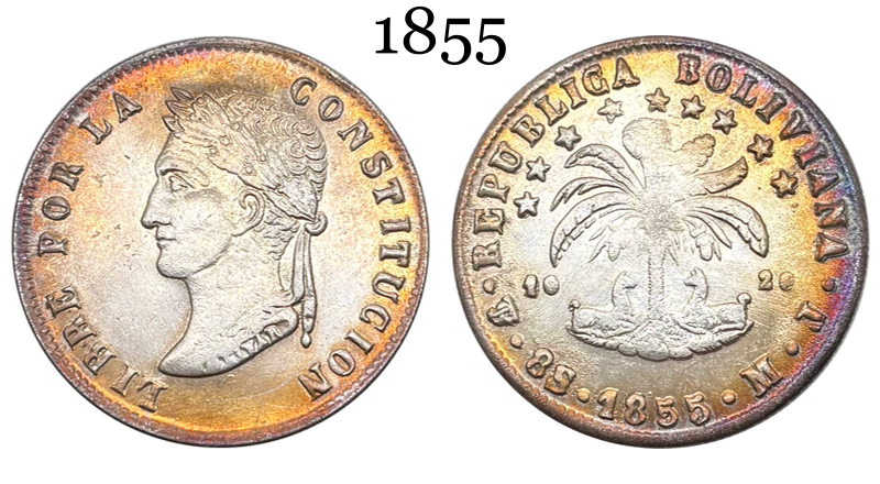 Bolivia PTS 8 Soles Potosi 1855 MJ Silver Plated Metal Replica Coin Commemorative Medal,Historical Collectible Art Craft For Enthusiasts