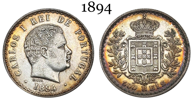 Portugal 1893 1894 1900 500 Reis Charles I Carlos Wreath Silver Plated Replica Coin Commemorative Medal,Historical Collectible Art Craft For Enthusiasts