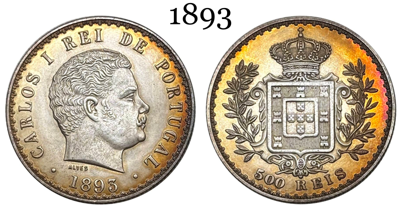 Portugal 1893 1894 1900 500 Reis Charles I Carlos Wreath Silver Plated Replica Coin Commemorative Medal,Historical Collectible Art Craft For Enthusiasts