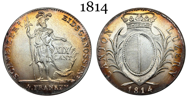 Swiss Canton Of Lucerne 1814 4 Franken Standing Silver Plated Replica Coin Commemorative Medal,Historical Collectible Art Craft For Enthusiasts
