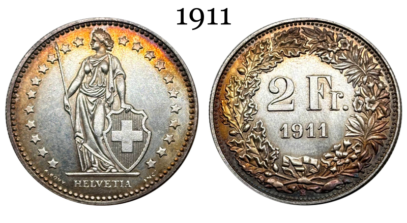Switzerland 1911 1964 2 Francs Helvetia Standing Silver Plated Replica Coin Commemorative Medal,Historical Collectible Art Craft For Enthusiasts