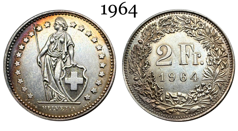 Switzerland 1911 1964 2 Francs Helvetia Standing Silver Plated Replica Coin Commemorative Medal,Historical Collectible Art Craft For Enthusiasts