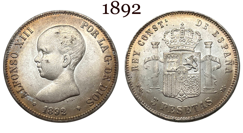 Spain 1890 1892 5 Pesetas ESP Alfonso XIII Silver Plated Replica Coin Commemorative Medal,Historical Collectible Art Craft For Enthusiasts