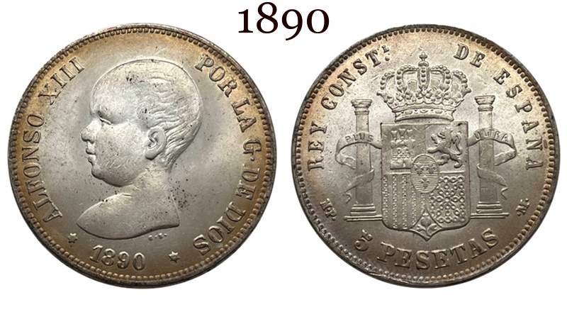 Spain 1890 1892 5 Pesetas ESP Alfonso XIII Silver Plated Replica Coin Commemorative Medal,Historical Collectible Art Craft For Enthusiasts
