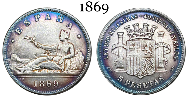 Spain Provisional Government 5 Pesetas 1869 Brass Plated Silver Replica Coin Commemorative Medal,Historical Collectible Art Craft For Enthusiasts