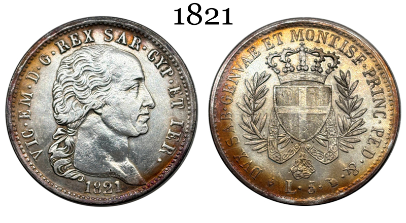 Italian States 1821 5 Lire Victor Emmanuel I Piedmont Sardinia Silver Plated Replica Coin Commemorative Medal,Historical Collectible Art Craft For Enthusiasts