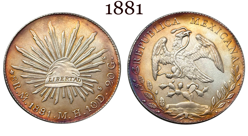 Mexico 1875 1881 1882 1887 1889 1891 1892 1893 1894 8 Reales Eagle With Snake Silver Plated Replica Coin Commemorative Medal,Historical Collectible Art Craft For Enthusiasts