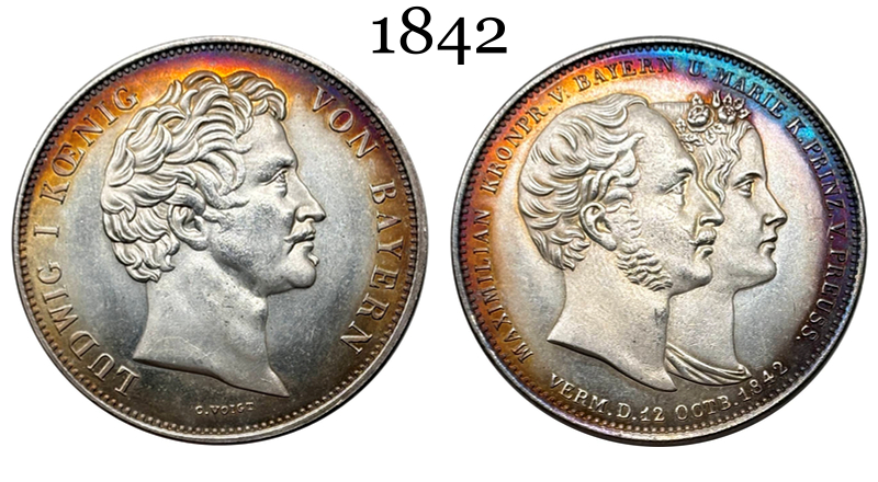 German States Kingdom of Bavaria 2 Thaler 3 1/2 Gulden Ludwig I Marriage 1842 Plated Silver Replica Coin Commemorative Medal,Historical Collectible Art Craft For Enthusiasts