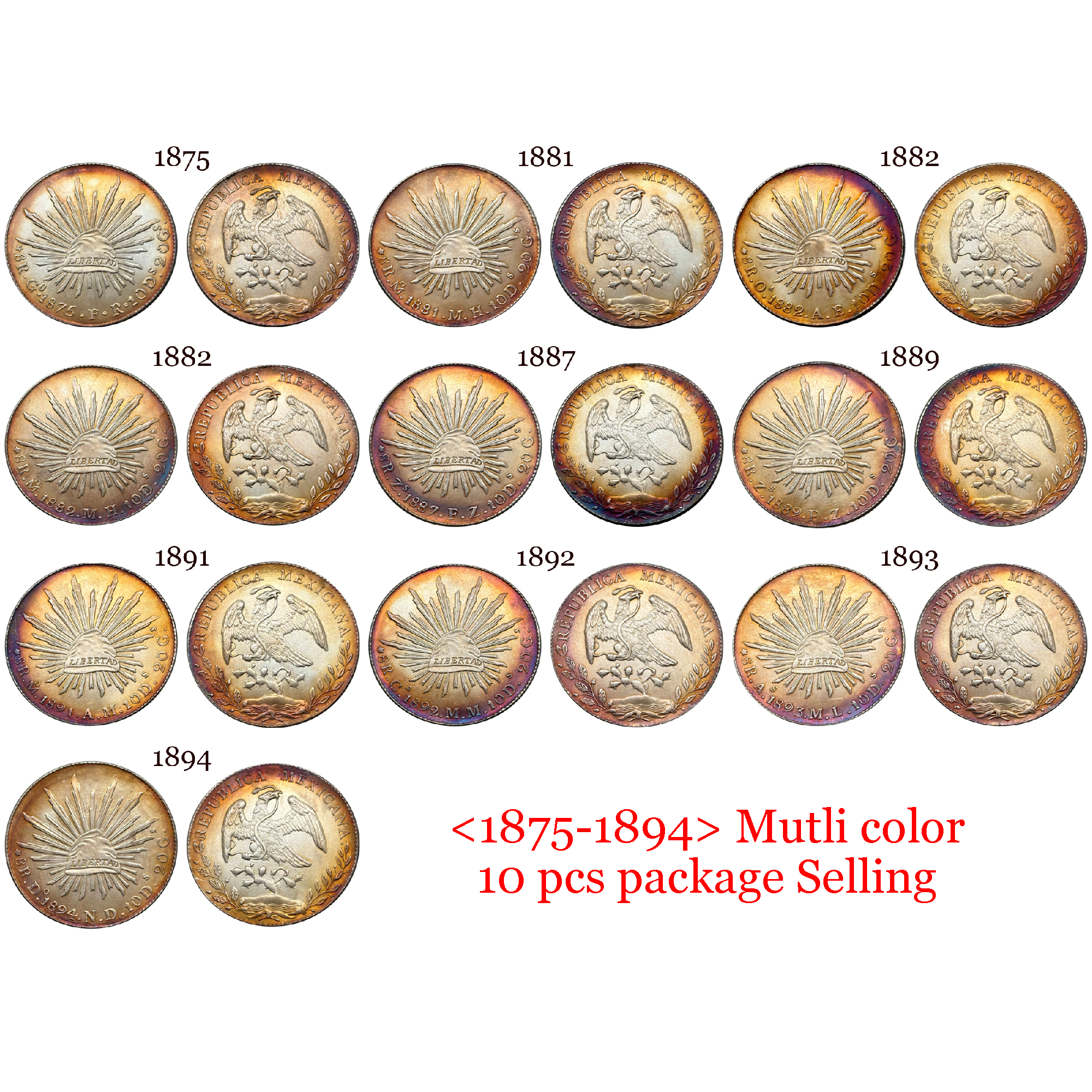 Mexico 1875 -1894 10 Pcs Selling 8 Reales Eagle With Snake Silver Plated Replica Coin Commemorative Medal,Historical Collectible Art Craft For Enthusiasts