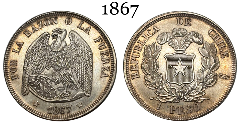 Chile Republic 1867 1 Peso Por La Razon O La Fuerza Silver Plated Replica Coin Commemorative Medal,Historical Collectible Art Craft For Enthusiasts