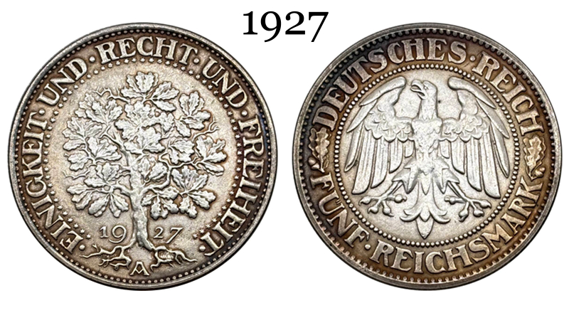 Germany Empire 5 Reichsmark Marks 1927 1928 1930 1932 Silver Plated Replica Coin Commemorative Medal,Historical Collectible Art Craft For Enthusiasts