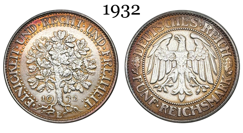 Germany Empire 5 Reichsmark Marks 1927 1928 1930 1932 Silver Plated Replica Coin Commemorative Medal,Historical Collectible Art Craft For Enthusiasts