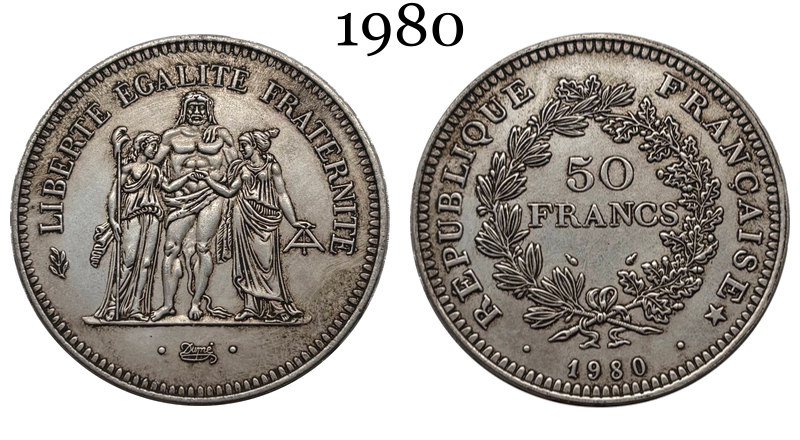 France 1974 1975 1976 1977 1978 1979 1980 50 Francs Hercule Silver Plated Replica Coin Commemorative Medal,Historical Collectible Art Craft For Enthusiasts