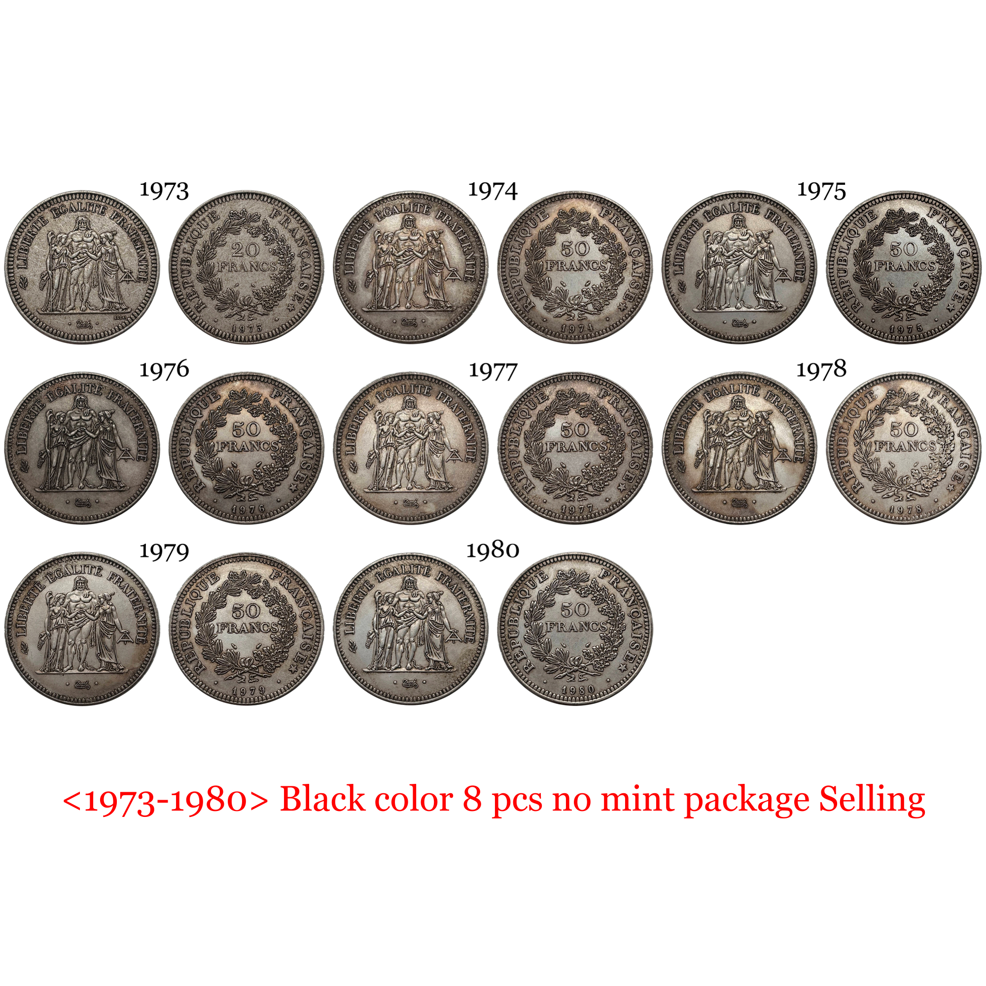 France 20 Francs 50 Francs Hercule 1973-1980 8 Pcs Package Sell Silver Plated Replica Coin Commemorative Medal,Historical Collectible Art Craft For Enthusiasts