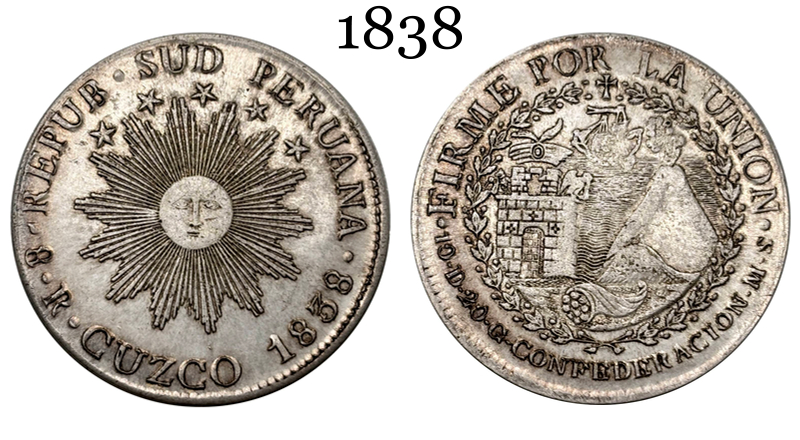 Peru 1838 South Peru Cuzco MS 8 Reales Sun Face Volcano peso Plated Silver Metal Replica Coin Commemorative Medal,Historical Collectible Art Craft For Enthusiasts
