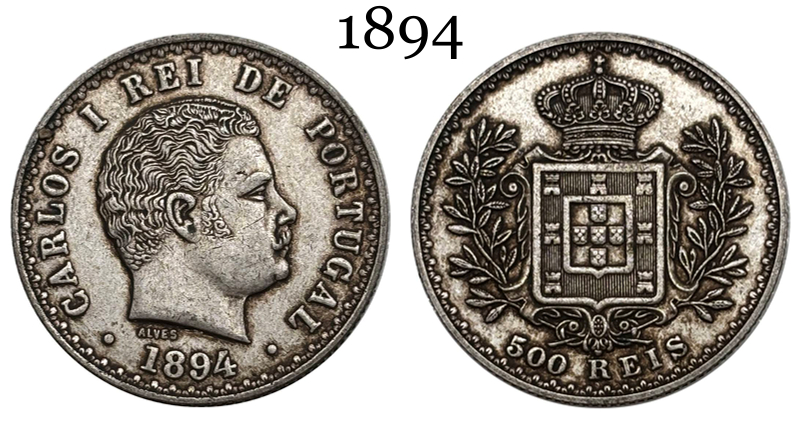 Portugal 1893 1894 1900 500 Reis Charles I Carlos Wreath Silver Plated Replica Coin Commemorative Medal,Historical Collectible Art Craft For Enthusiasts