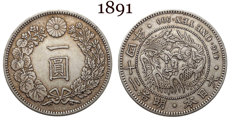 Japan 1874 1883 1889 1891 1894  1 One Yen Meiji Dragon 7 16 22 27 Years Silver Plated Replica Coin Commemorative Medal,Historical Collectible Art Craft For Enthusiasts