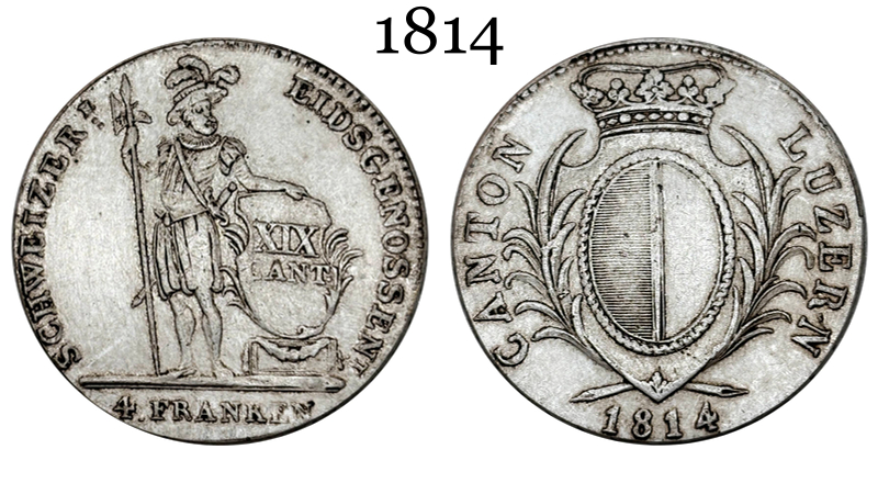 Swiss Canton Of Lucerne 1814 4 Franken Standing Silver Plated Replica Coin Commemorative Medal,Historical Collectible Art Craft For Enthusiasts