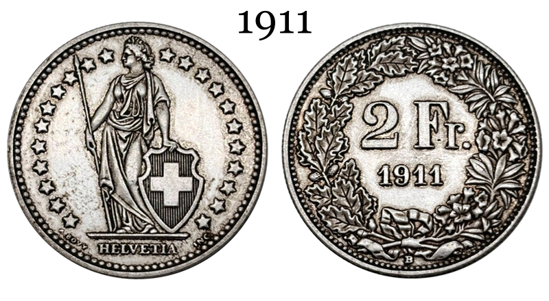 Switzerland 1911 1964 2 Francs Helvetia Standing Silver Plated Replica Coin Commemorative Medal,Historical Collectible Art Craft For Enthusiasts