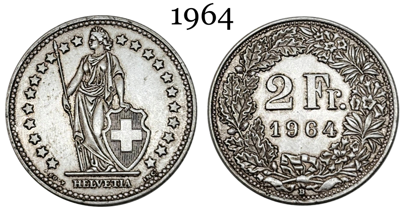 Switzerland 1911 1964 2 Francs Helvetia Standing Silver Plated Replica Coin Commemorative Medal,Historical Collectible Art Craft For Enthusiasts