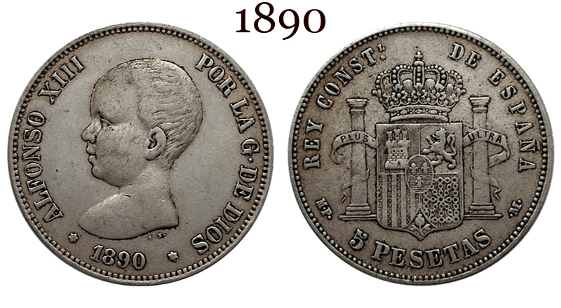 Spain 1890 1892 5 Pesetas ESP Alfonso XIII Silver Plated Replica Coin Commemorative Medal,Historical Collectible Art Craft For Enthusiasts