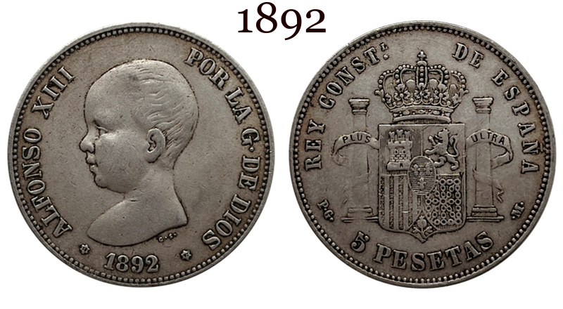 Spain 1890 1892 5 Pesetas ESP Alfonso XIII Silver Plated Replica Coin Commemorative Medal,Historical Collectible Art Craft For Enthusiasts