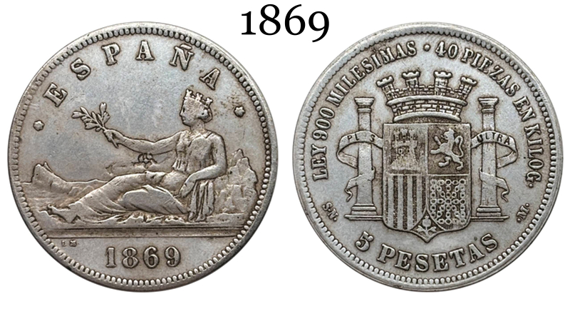 Spain Provisional Government 5 Pesetas 1869 Brass Plated Silver Replica Coin Commemorative Medal,Historical Collectible Art Craft For Enthusiasts