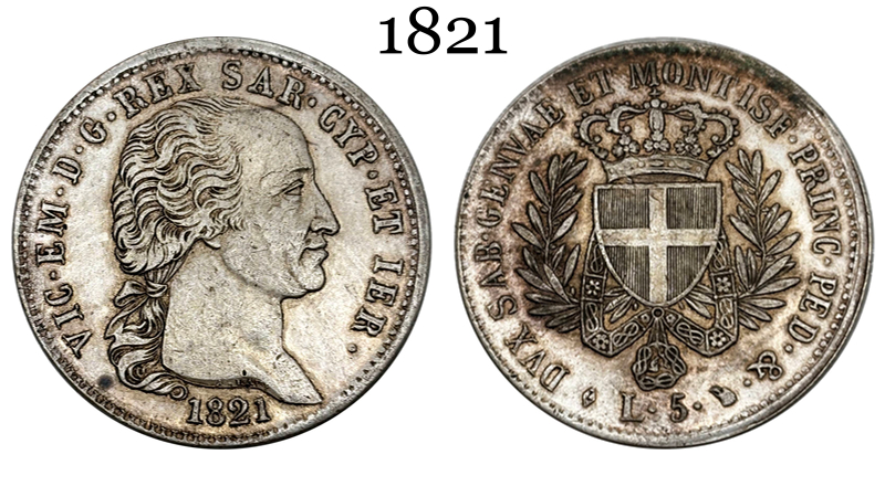 Italian States 1821 5 Lire Victor Emmanuel I Piedmont Sardinia Silver Plated Replica Coin Commemorative Medal,Historical Collectible Art Craft For Enthusiasts