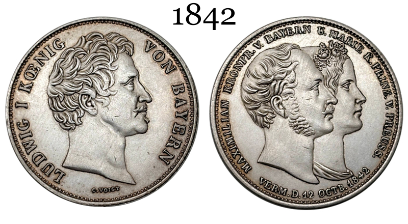 German States Kingdom of Bavaria 2 Thaler 3 1/2 Gulden Ludwig I Marriage 1842 Plated Silver Replica Coin Commemorative Medal,Historical Collectible Art Craft For Enthusiasts