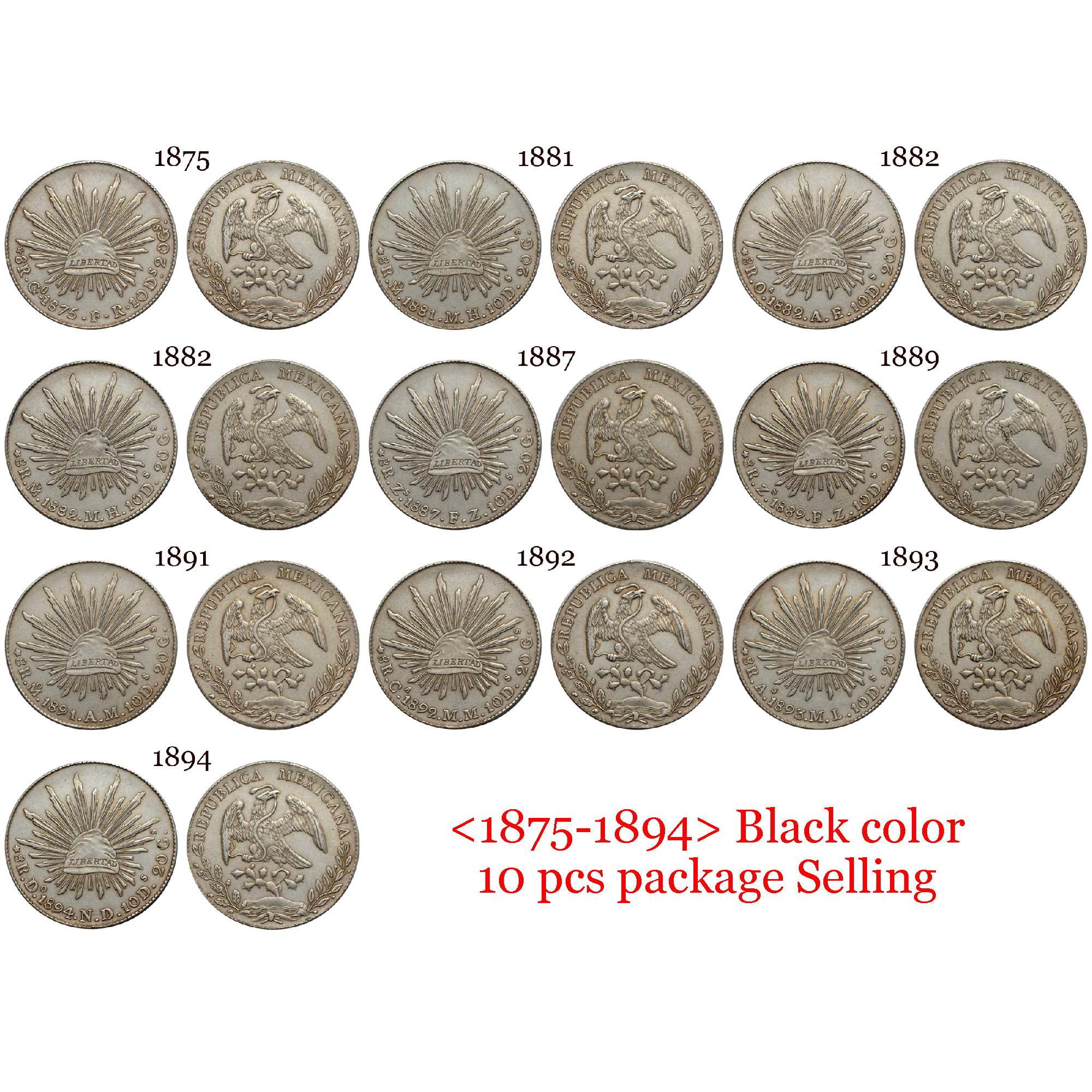 Mexico 1875 -1894 10 Pcs Selling 8 Reales Eagle With Snake Silver Plated Replica Coin Commemorative Medal,Historical Collectible Art Craft For Enthusiasts