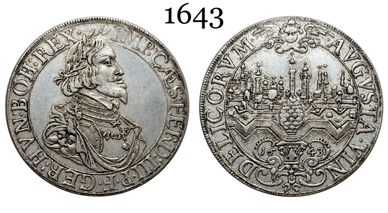 German States Free city of Augsburg 1 Thaler Ferdinand III 1643 Silver Plated Replica Coin Commemorative Medal,Historical Collectible Art Craft For Enthusiasts