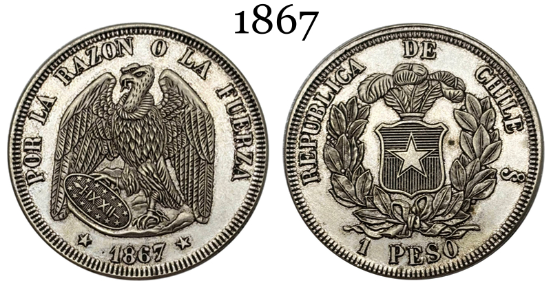 Chile Republic 1867 1 Peso Por La Razon O La Fuerza Silver Plated Replica Coin Commemorative Medal,Historical Collectible Art Craft For Enthusiasts