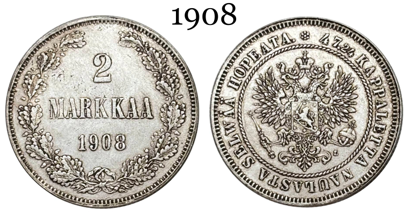 Russia Empire 1908 2 Markkaa Silver Plated Replica Coin Commemorative Medal,Historical Collectible Art Craft For Enthusiasts