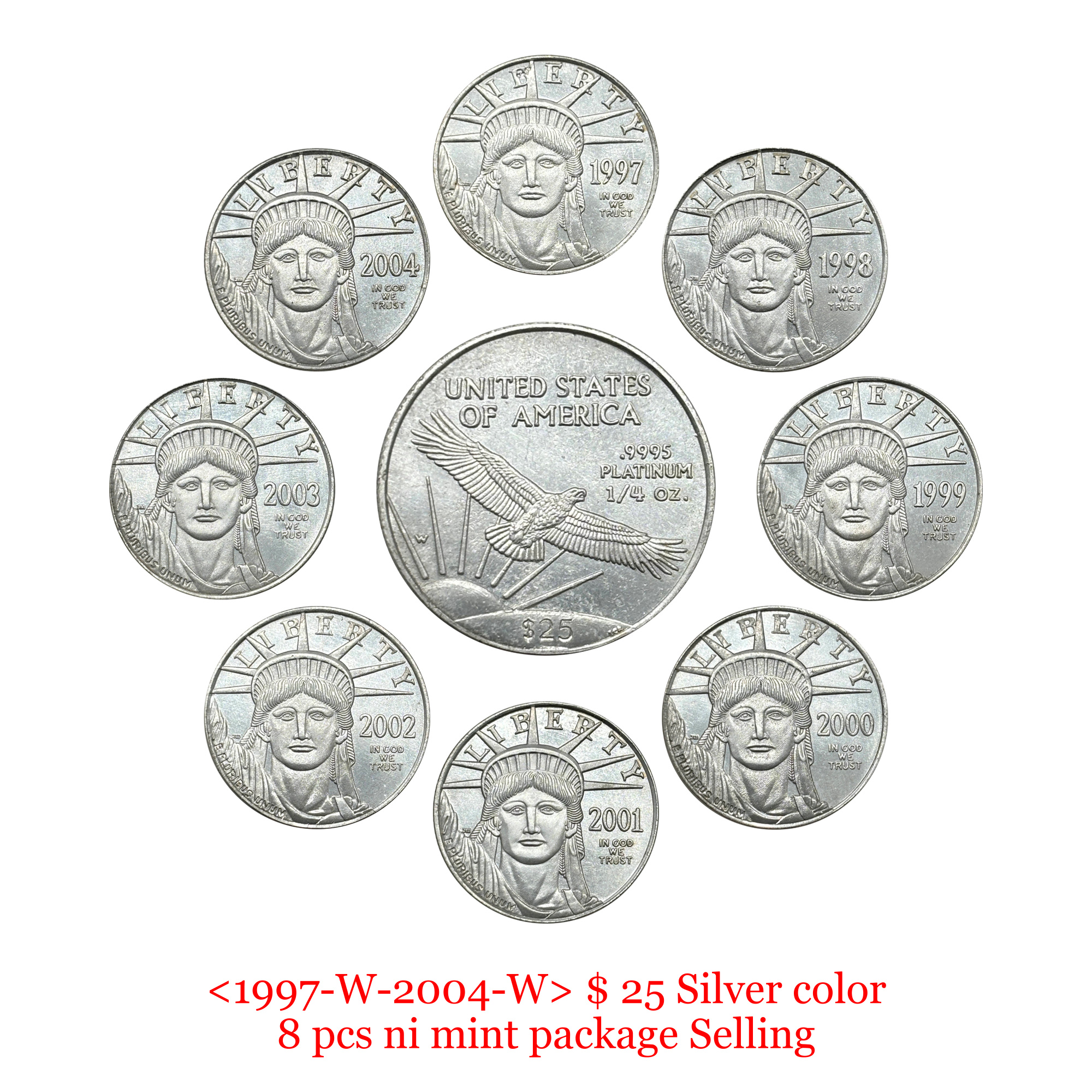 United States 1997-2004 16 Pcs 1997-2004 8Pcs 1997-2004 W 8Pcs Package Sell Liberty 25 Dollars American Platinum Eagle US Silver Plated Replica Coin Commemorative Medal,Historical Collectible Art Craft For Enthusiasts