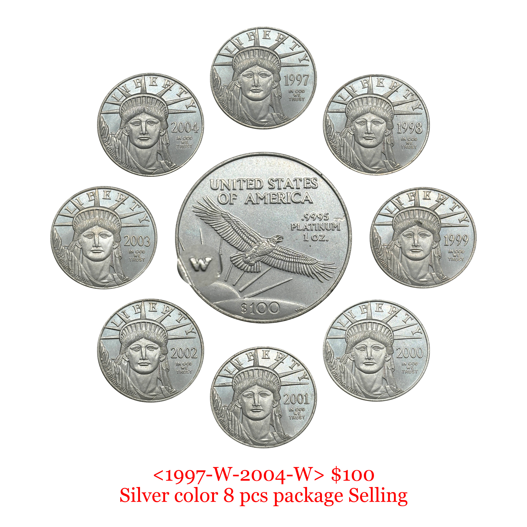 United States 1997-2004 16 Pcs 1997-2004 8 Pcs 1997-2004 W 8 Pcs Liberty 100 Dollars American Platinum Eagle US Silver Plated Replica Coin Commemorative Medal,Historical Collectible Art Craft For Enthusiasts