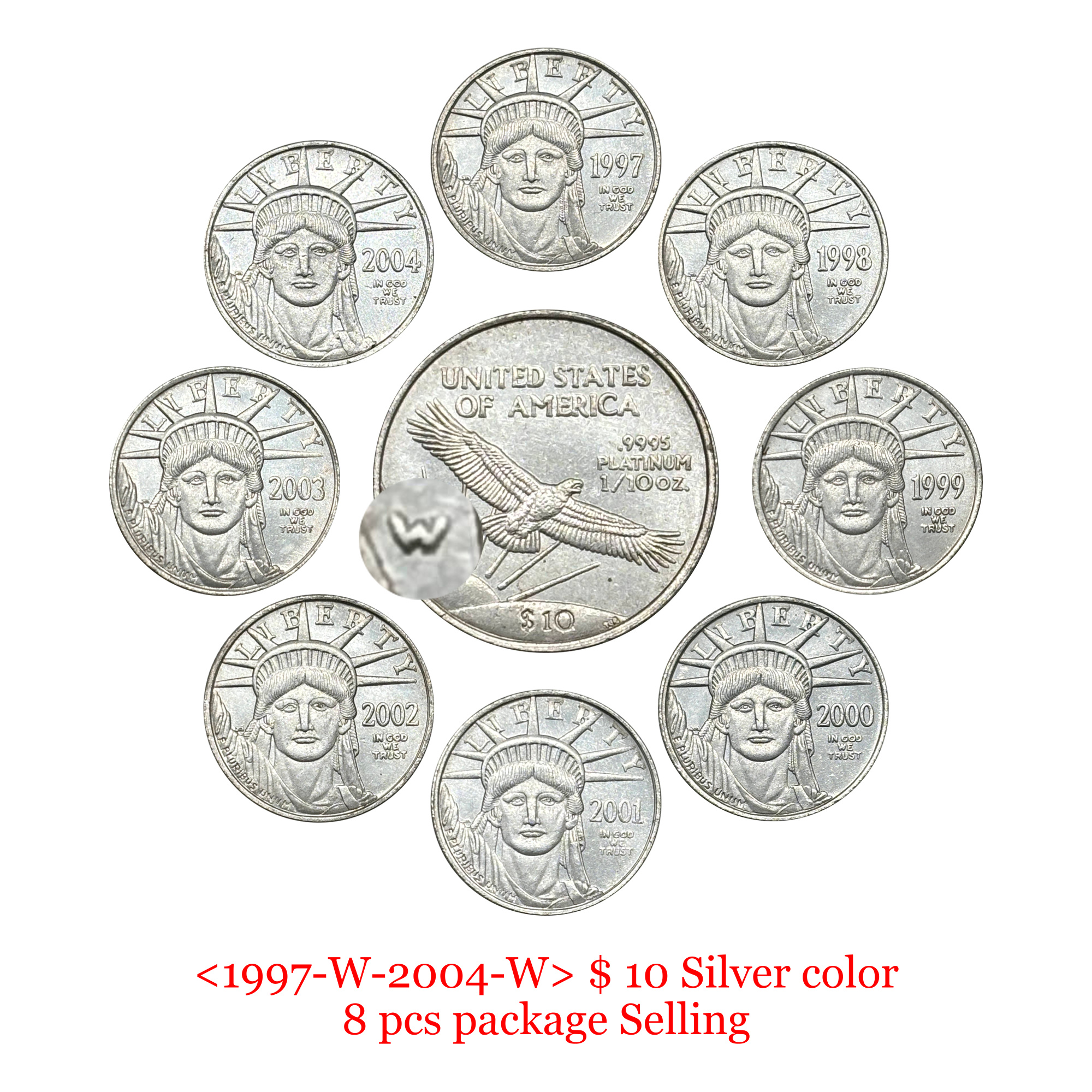 United States 1997-2004 16 Pcs 1997-2004 8 Pcs 1997-2004 8 Pcs Package Sell Liberty 10 Dollars American Platinum Eagle US Silver Plated Replica Coin Commemorative Medal,Historical Collectible Art Craft For Enthusiasts