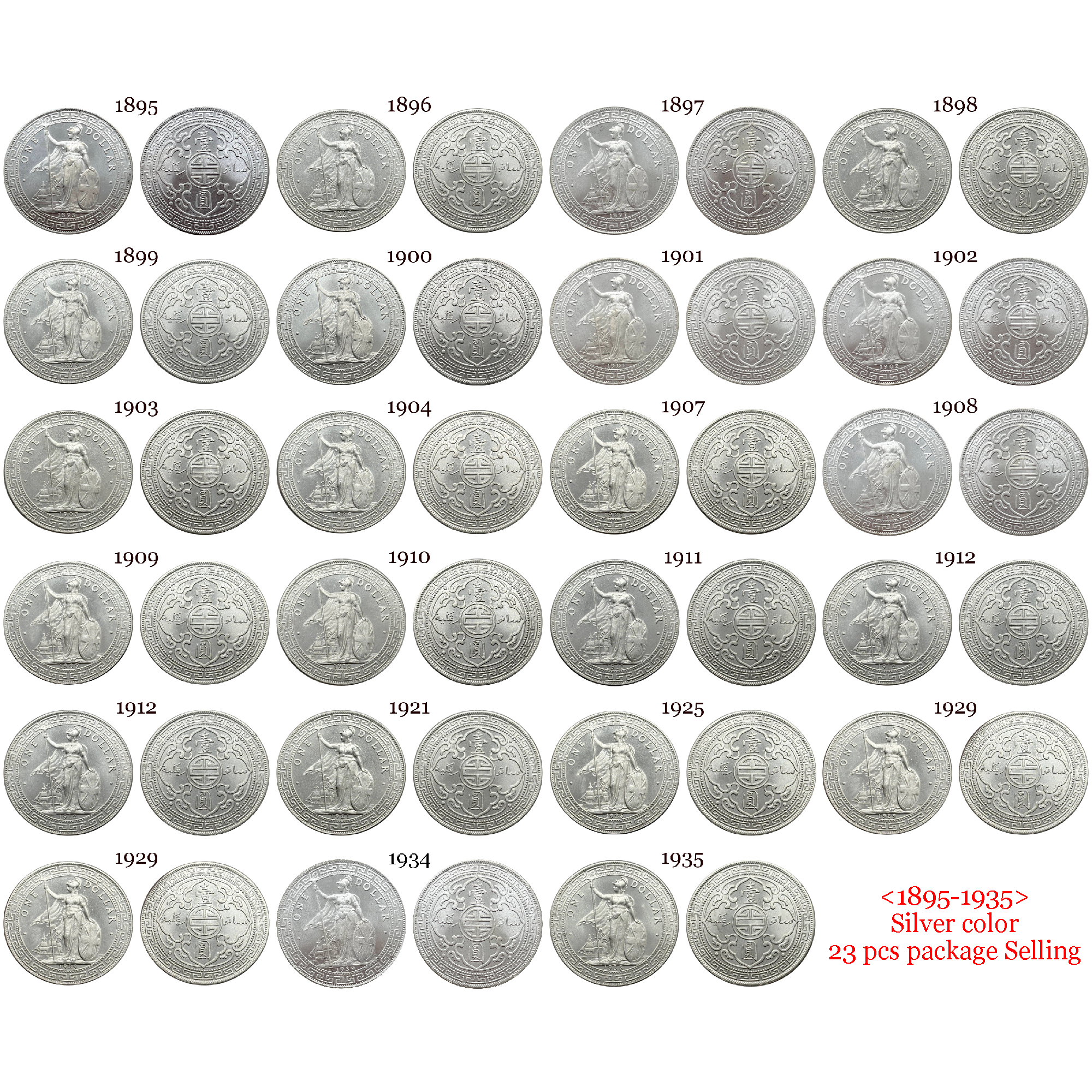 British Trade One 1 Dollar 1895 - 1935 23 Pcs Hong Kong Yi Yuan United Kingdom Silver Plated Replica Coin Commemorative Medal,Historical Collectible Art Craft For Enthusiasts