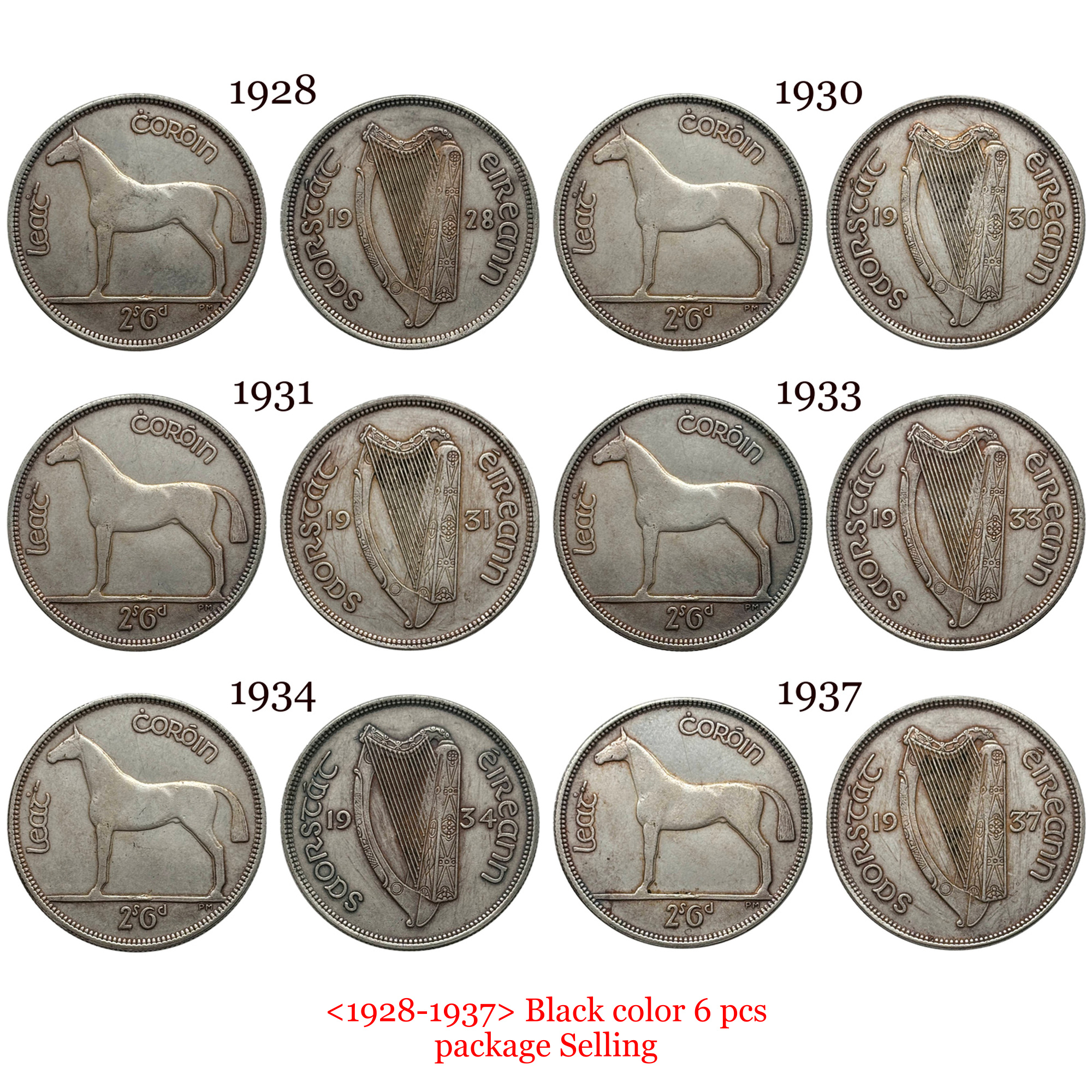 Ireland 1928 -1937 6 Pcs Half ½ Crown 2 Shillings 6 Pence Silver Plated Replica Coin Commemorative Medal,Historical Collectible Art Craft For Enthusiasts