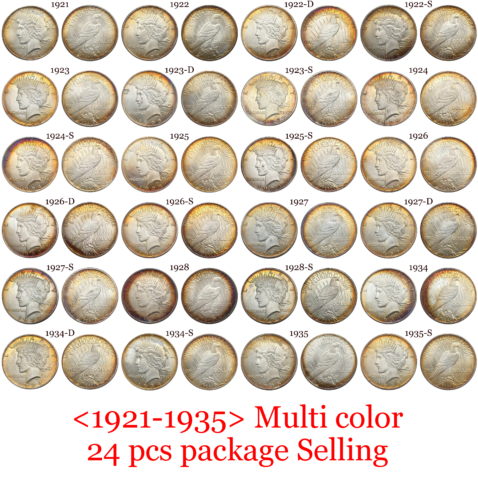 United States America US 1921- 1935 24 Pcs 1921-1935  No Mint 10 Pcs 1921-1935 D 5 Pcs 1921-1935 S 9 Pcs Sell 1 One Peace Dollar Liberty Silver Plated Replica Coin Commemorative Medal,Historical Collectible Art Craft For Enthusiasts