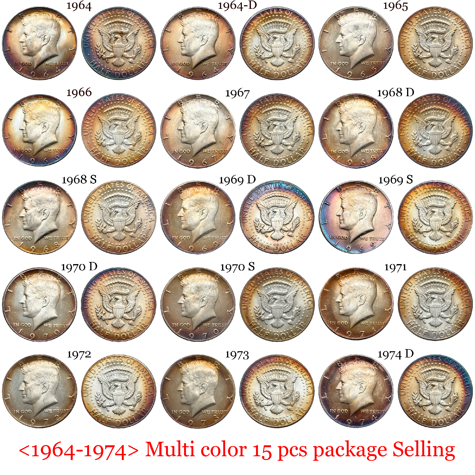 US 1964-1974 15 Pcs United States ½ Kennedy Half Dollar Liberty Silver Plated Replica Coin Commemorative Medal,Historical Collectible Art Craft For Enthusiasts