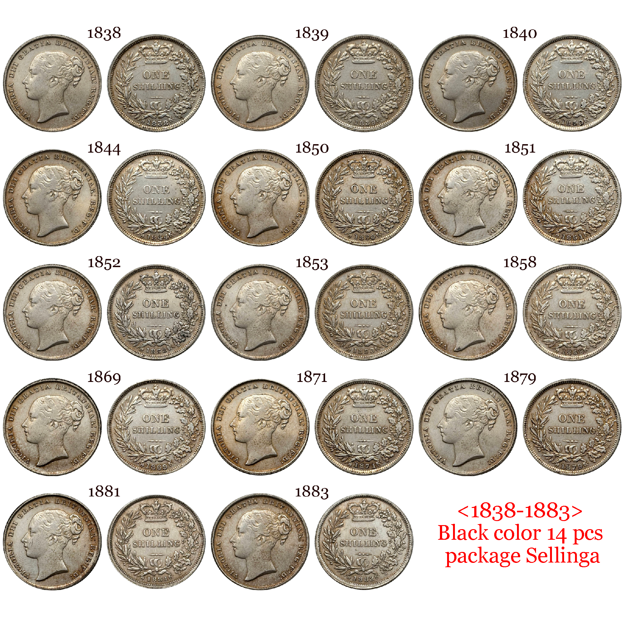 United Kingdom 1838 - 1883 14 Pcs Selling 1 One Shilling Victoria British Silver Plated Replica Coin Commemorative Medal,Historical Collectible Art Craft For Enthusiasts