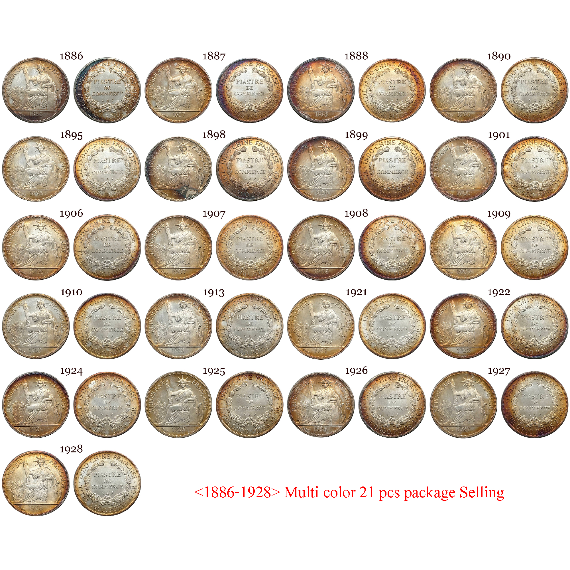 France Indochina 1 One Piastre 1886-1928 21 Pcs Selling Silver Plated Replica Coin Commemorative Medal,Historical Collectible Art Craft For Enthusiasts