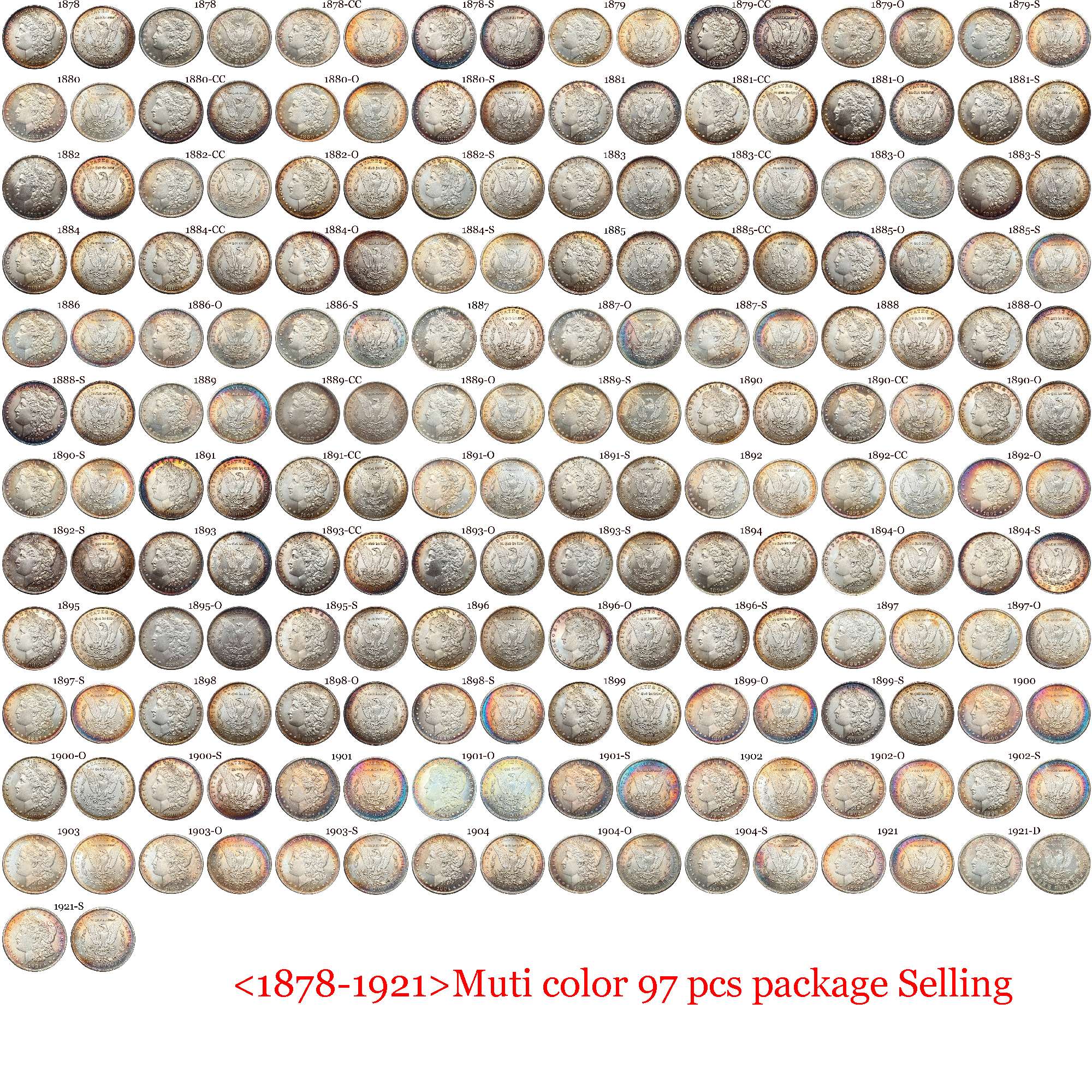 US 1878-1921 97 Pcs 1878-1921 No Mint 29 Pcs 1878 CC-1893 CC 13 Pcs 1879 O-1904 O 26 Pcs 1878 S-1921 S 28 Pcs United States America 1 One Dollar Morgan Silver Plated Replica Coin Commemorative Medal,Historical Collectible Art Craft For Enthusiasts
