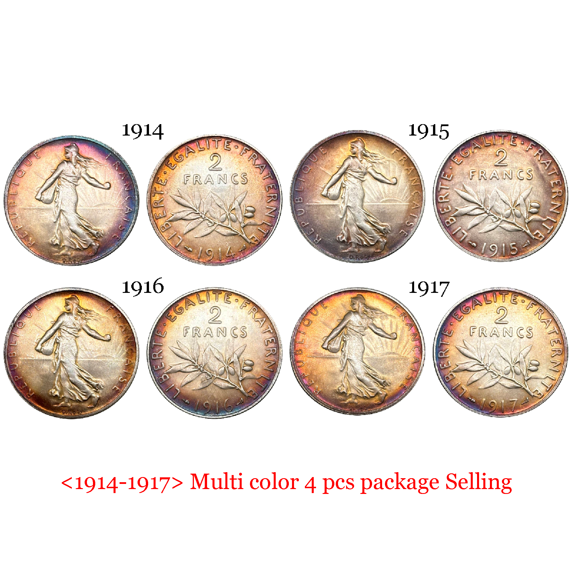 France 2 Francs 1914 -1917 4 Pcs Selling Liberte Silver Plated Replica Coin Commemorative Medal,Historical Collectible Art Craft For Enthusiasts