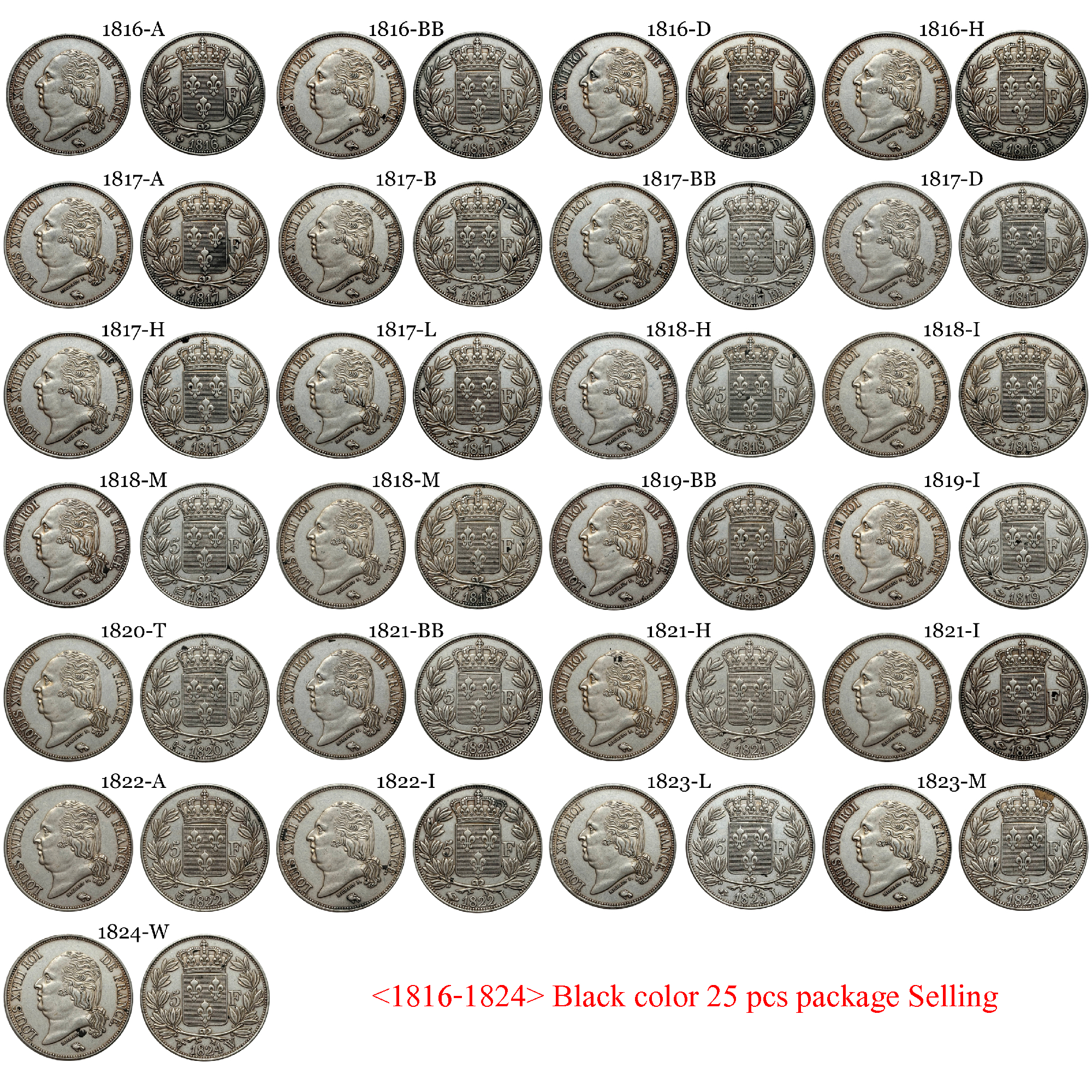 France 1816 - 1824 25 PCS 5 Francs Louis XVIII Silver Plated Replica Coin Commemorative Medal,Historical Collectible Art Craft For Enthusiasts