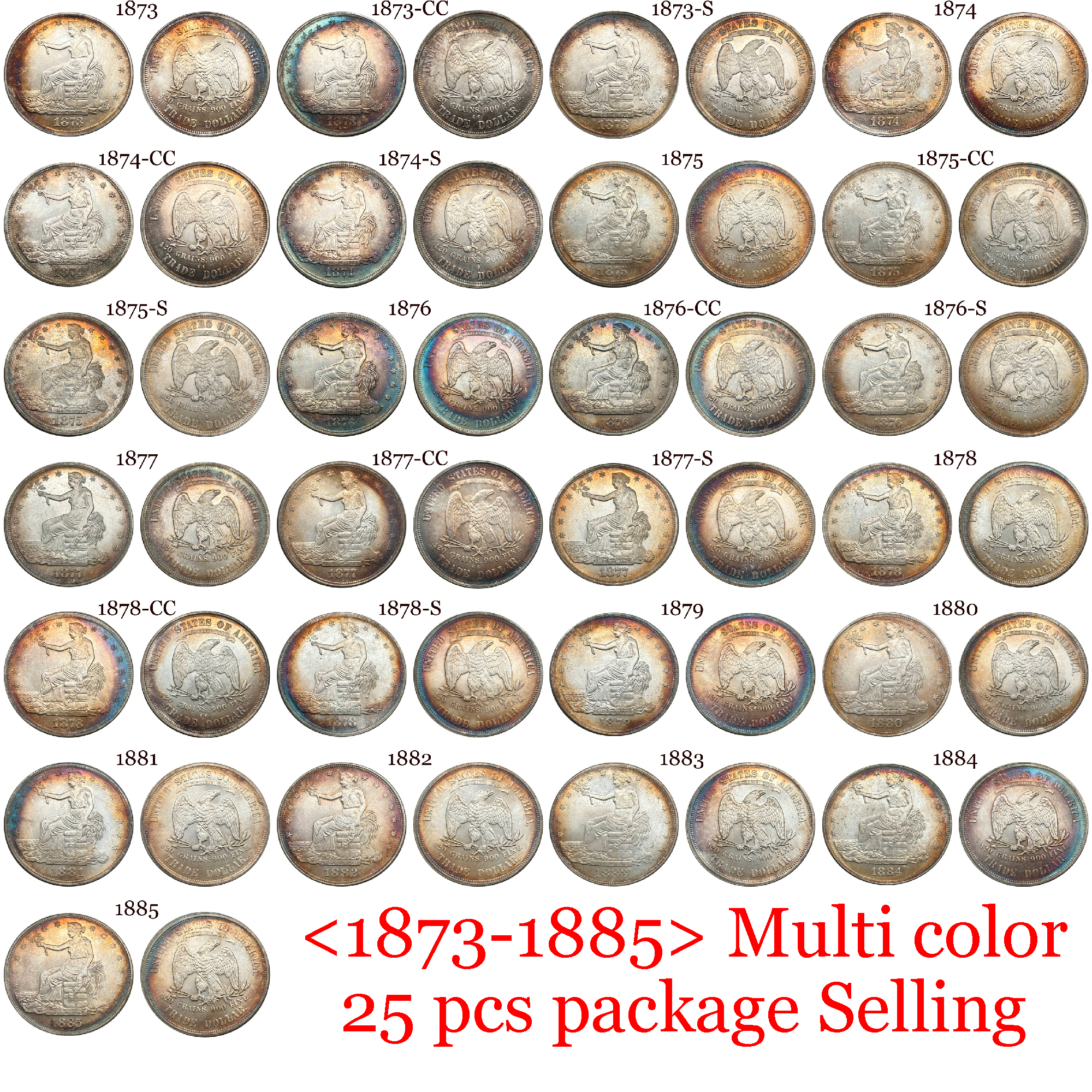 US 1873 - 1885 25 Pcs 1873-1885 No Mint 13 Pcs 1873-1885 CC 6 Pcs 1873-1885 S 6 Pcs Sell United States America 1 One Trade Dollar Liberty Silver Plated Replica Coin Commemorative Medal,Historical Collectible Art Craft For Enthusiasts