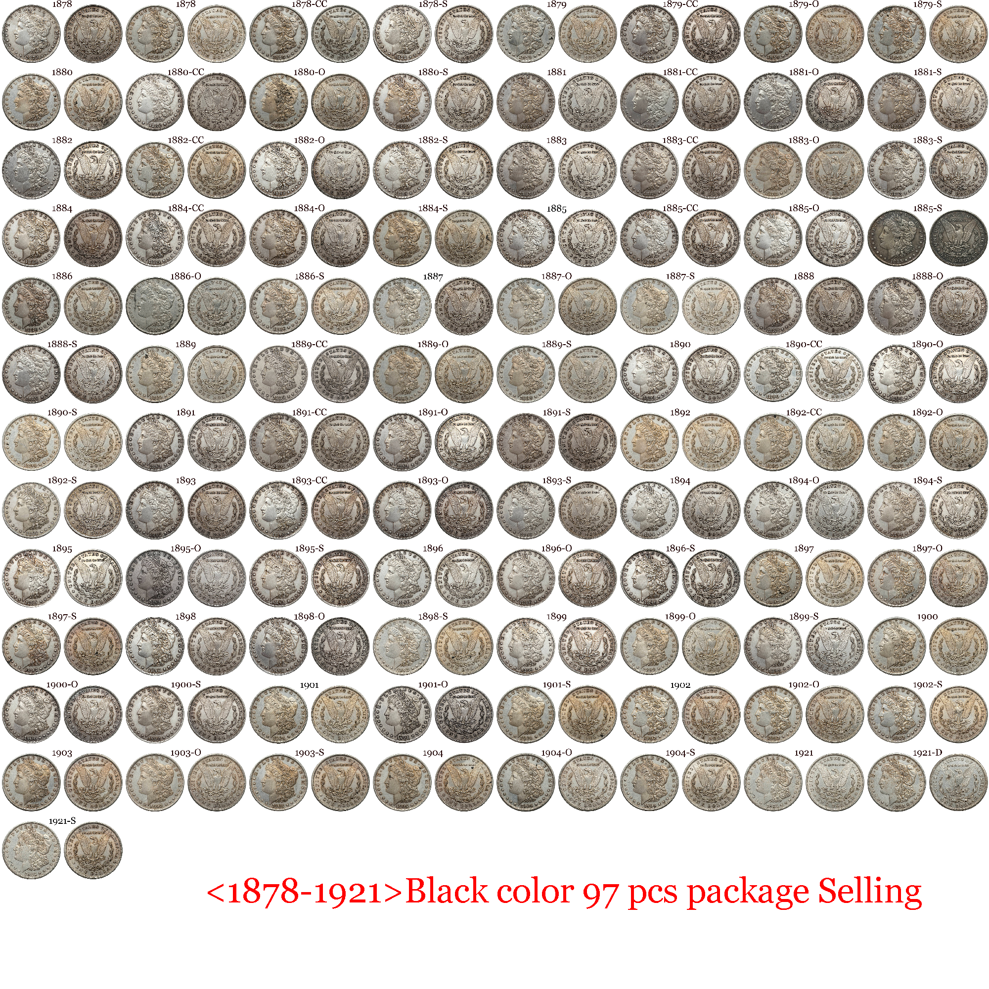 US 1878-1921 97 Pcs 1878-1921 No Mint 29 Pcs 1878 CC-1893 CC 13 Pcs 1879 O-1904 O 26 Pcs 1878 S-1921 S 28 Pcs United States America 1 One Dollar Morgan Silver Plated Replica Coin Commemorative Medal,Historical Collectible Art Craft For Enthusiasts