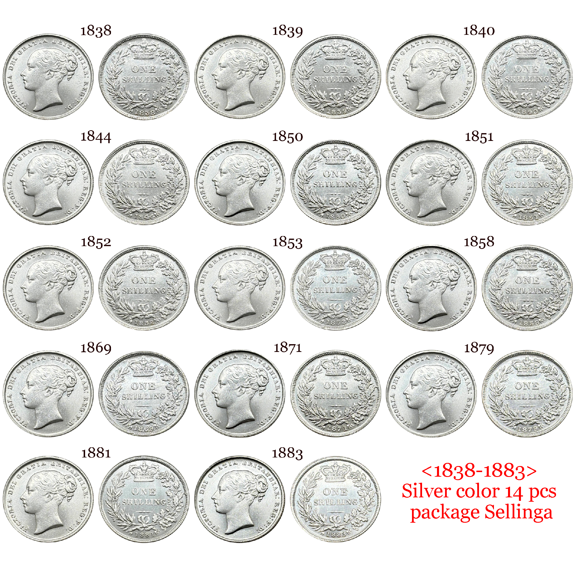 United Kingdom 1838 - 1883 14 Pcs Selling 1 One Shilling Victoria British Silver Plated Replica Coin Commemorative Medal,Historical Collectible Art Craft For Enthusiasts