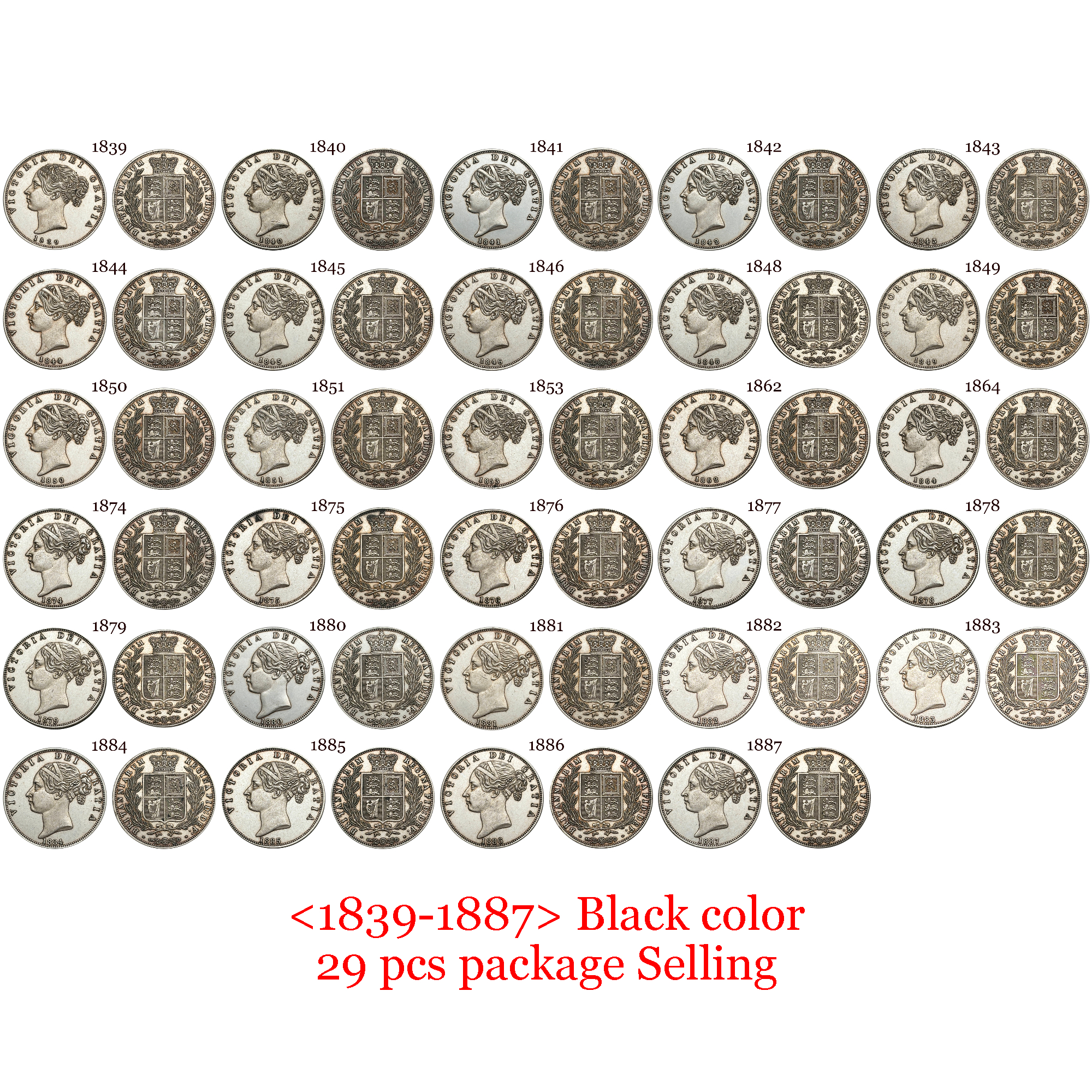 United Kingdom 1839-1887 29 Pcs Selling 1/2 Crown Victoria 1st Portrait Silver Plated Replica Coin Commemorative Medal,Historical Collectible Art Craft For Enthusiasts