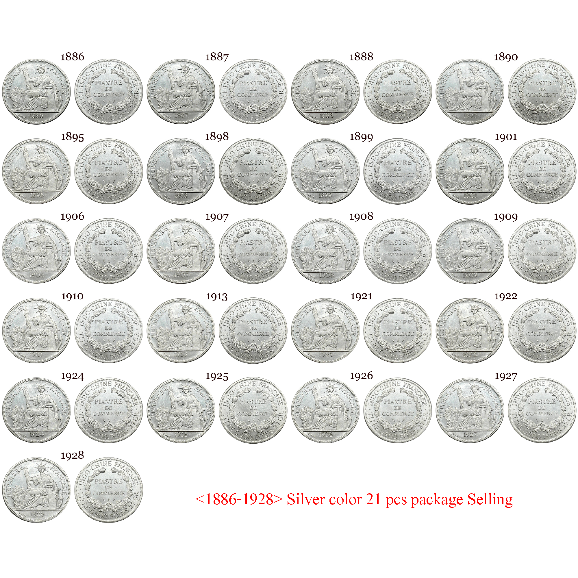 France Indochina 1 One Piastre 1886-1928 21 Pcs Selling Silver Plated Replica Coin Commemorative Medal,Historical Collectible Art Craft For Enthusiasts